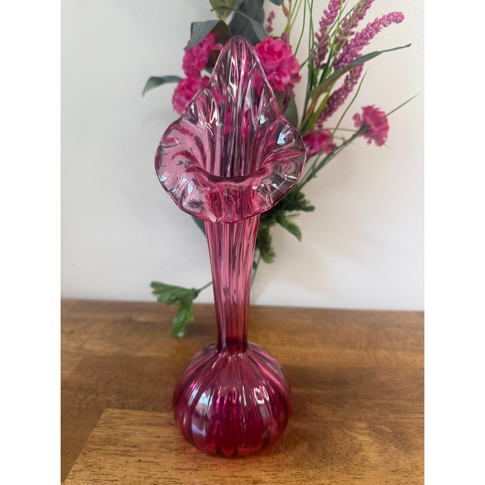 Vintage Cranberry Glass Jack in the Pulpit Vase Art Glass Fluted Ruffled Vase